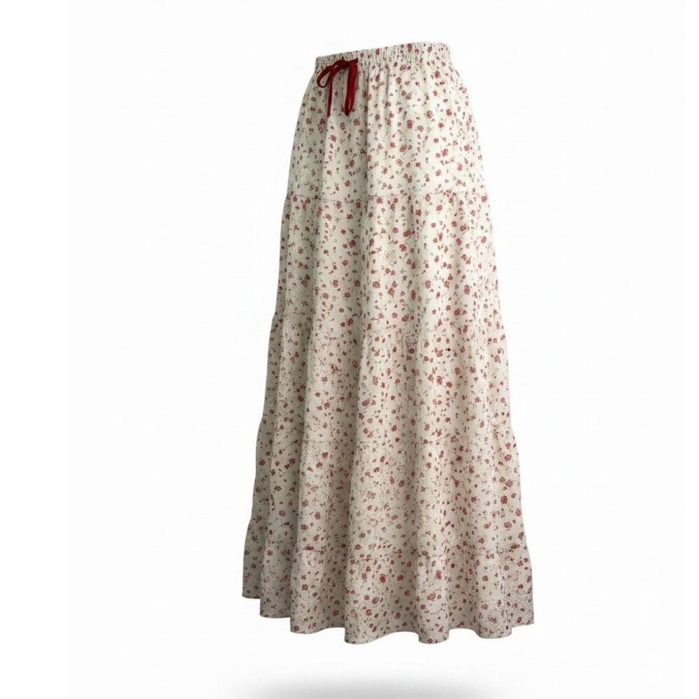 Polagram BaeVely Cream Red Floral Tiered Boho Maxi Skirt - Size L - Picture 3 of 9